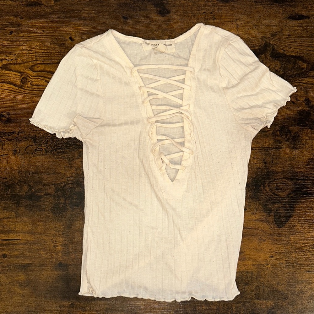 Urban Outfitters Ribbed V-Neck Lace-up T Shirt XS